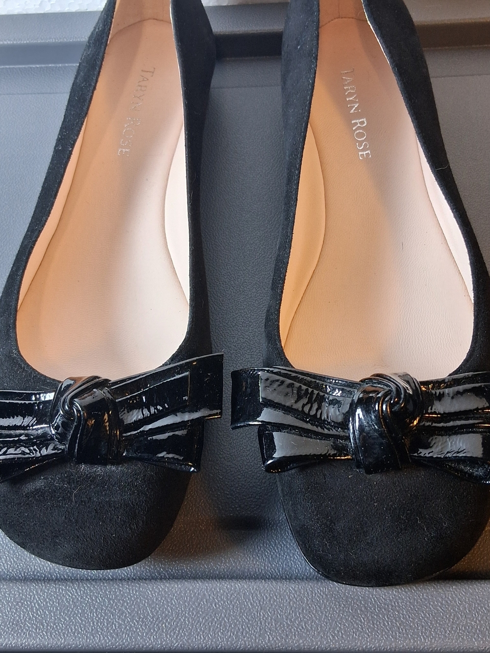Taryn Rose Bettina Black Suede Ballet Flats with Patent Knot Accent